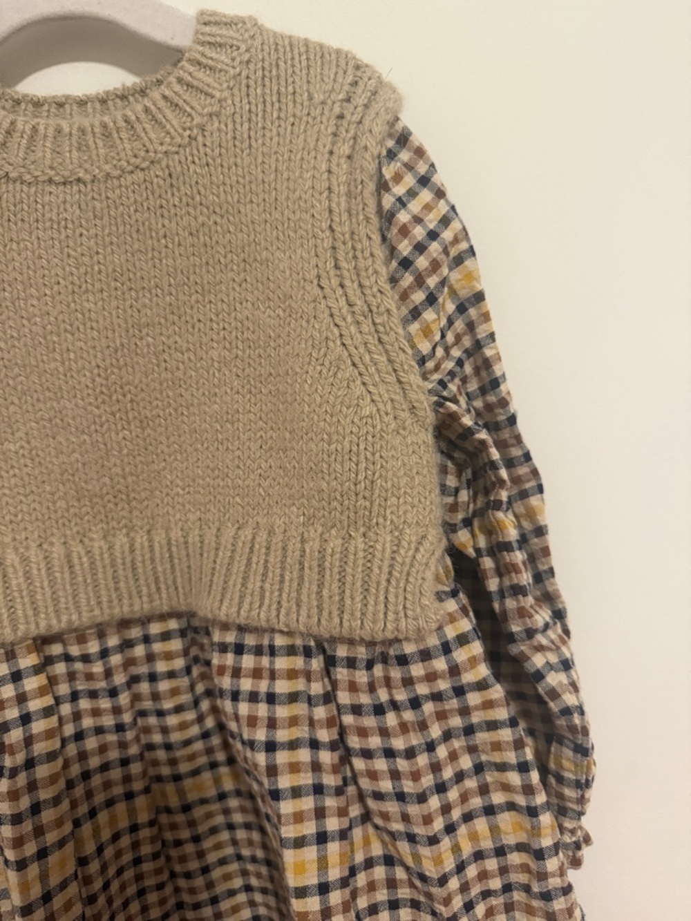 Zara Kids Cropped Beige Knit Vest Over Plaid Dress - Cream, Navy & Mustard